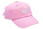 The Bits & Bows Rainbow Golf Cart Bow Baseball Hat is a pastel pink sportswear cap with a blue and yellow golf cart embroidery—perfect for girls' golf accessories.