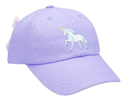 The Bits & Bows Rainbow Unicorn Bow Baseball Hat features a lavender design with an embroidered white unicorn and yellow horn—perfect for adding magical flair to any girl's sporty outfit or accessory collection.