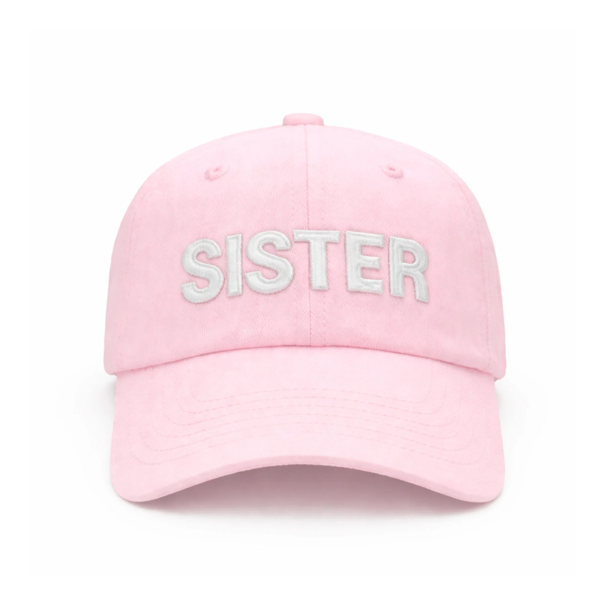 A light pink Sister Bow Hat by Bits & Bows, featuring “SISTER” embroidered in large white letters on the front and an adjustable tuckstrap for a comfortable fit—perfect for celebrating sisterhood in style.