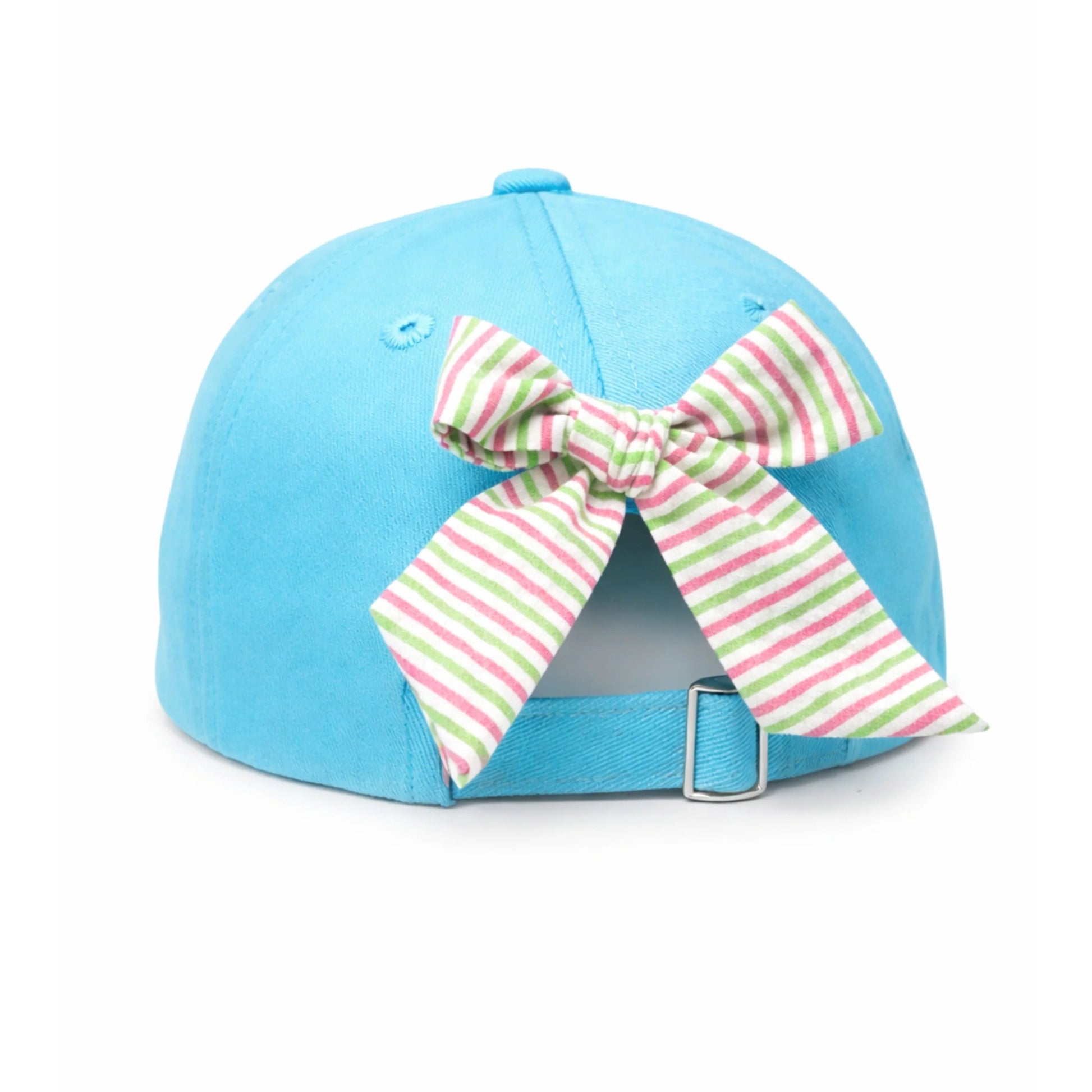 The Bits & Bows Turtle Bow Hat is a playful kids’ marine hat seen from the back, showcasing a fabric bow with pink, green, and white stripes above the adjustable strap—perfect for sunny adventures.