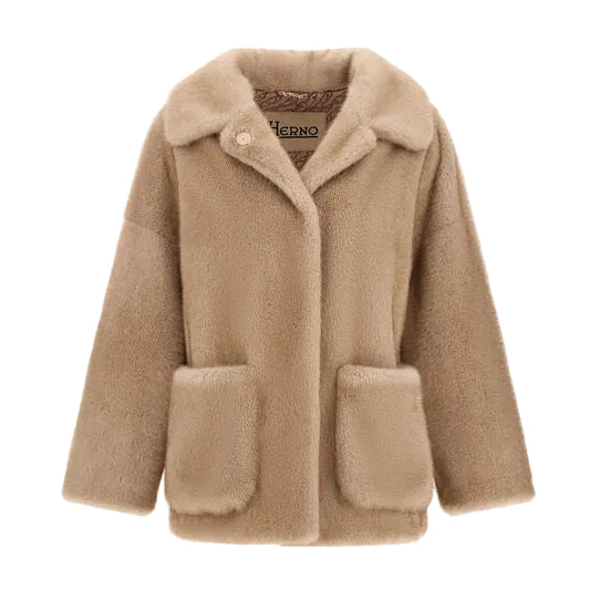 Herno Mink Faux Fur Jacket in beige with a notched collar, single button closure, and two large front pockets.