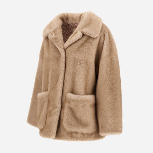 Herno Mink Faux Fur Jacket in a cozy beige mink-effect faux fur with a collar, button front, and two large front patch pockets.