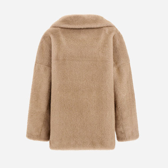 Back view of a tan, mink-effect Herno Mink Faux Fur Jacket with a wide collar and mid-length silhouette.