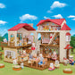 The Country Home-Secret Attic Playroom by Calico Critters is a spacious dollhouse inspired by the iconic Red Roof Country Home, showcasing multiple rooms filled with various animal figures such as members of the Chocolate Rabbit family. Inside, these critters enjoy activities like eating, reading, and playing, while the house itself is surrounded by vibrant flowers and greenery.