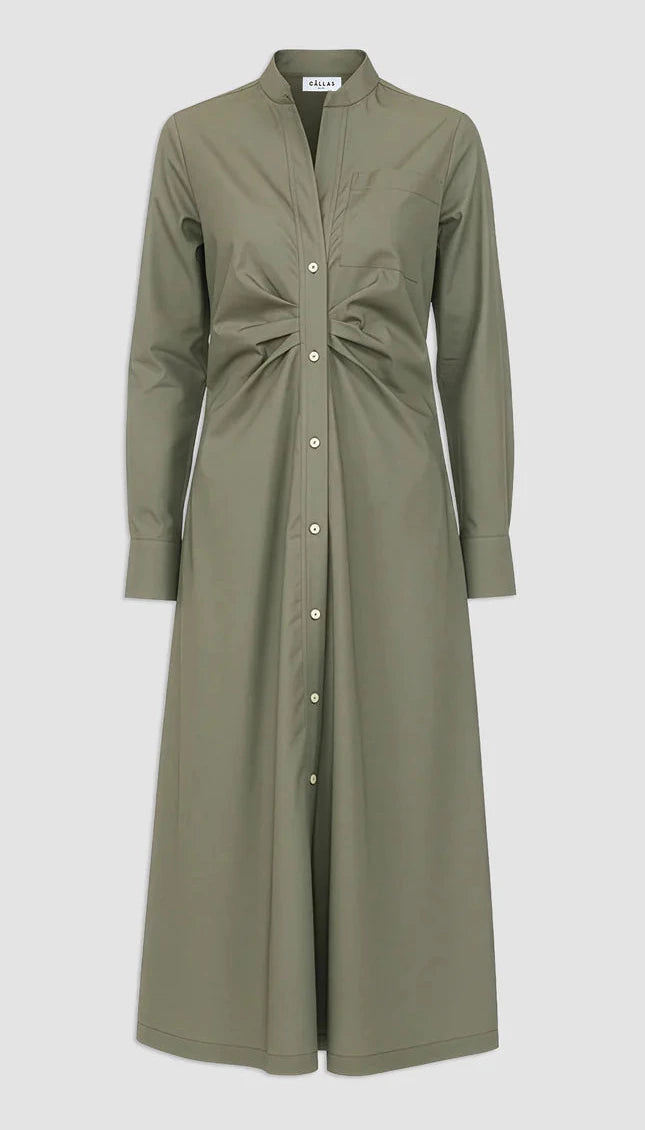 The Genny Dress by Callas Milano is a long sleeve, olive green Italian shirting twill dress with a button front, mandarin collar, fitted waist, and cuffs, shown on a plain background.