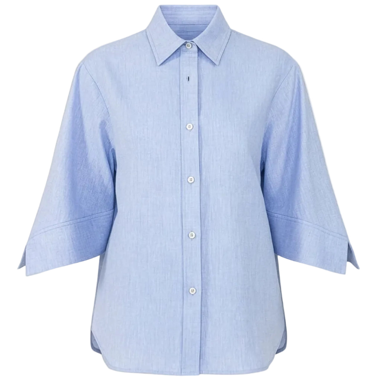 The Georgie Top by Callas Milano is a light blue classic shirt made from Italian twill, featuring a point collar and wide three-quarter sleeves, shown on a plain white background.