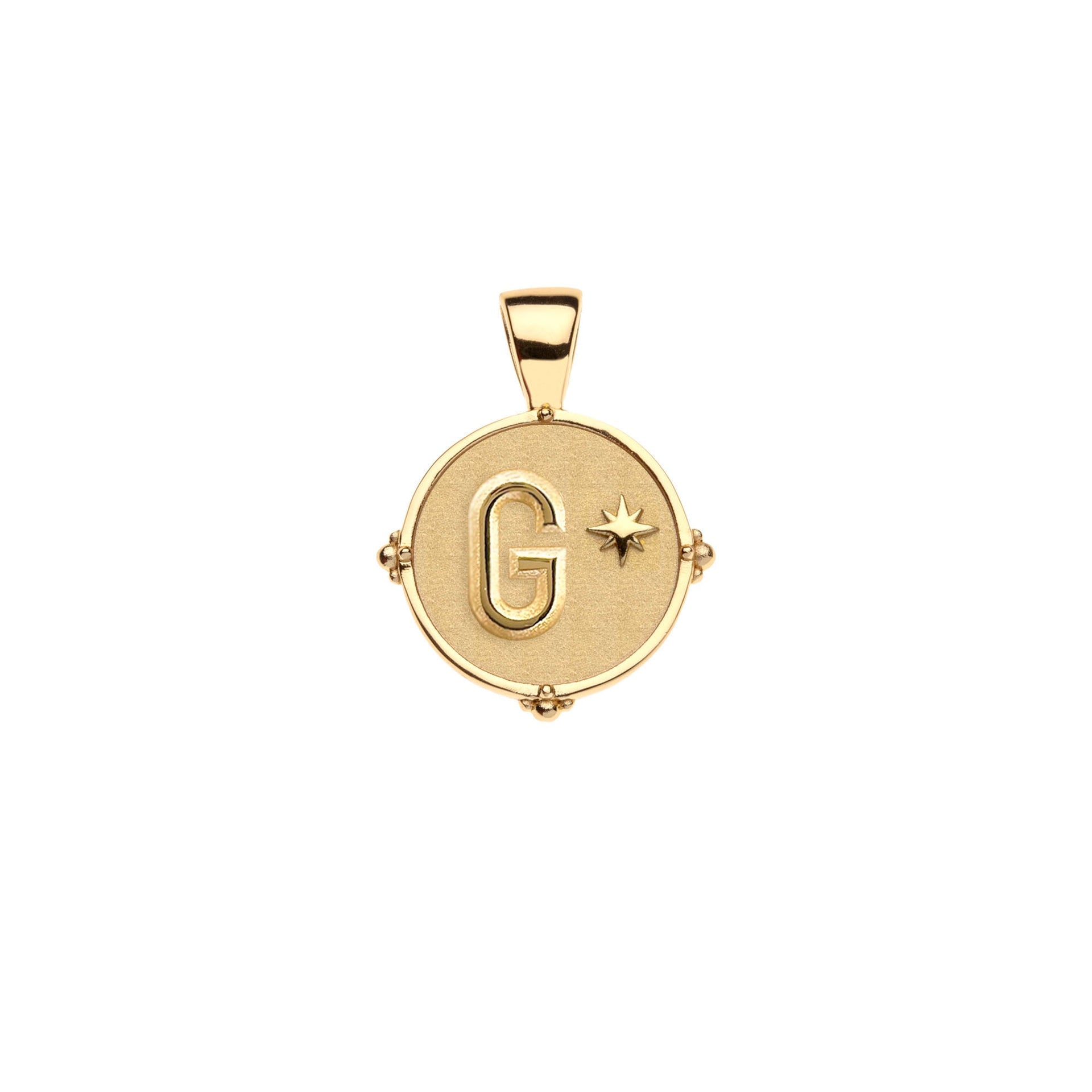 The Jane Win Letter Pendant Satellite Necklace Collection features a 14k gold pendant with a raised letter "G" and star on a textured round background—perfect for personalizing your favorite beaded satellite chain.