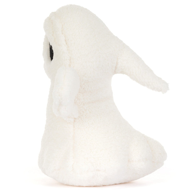 A side view of the Jellycat Ghost Bob plush toy, shaped like a white ghost and set against a plain white background, perfect for cuddles and spooky fun.