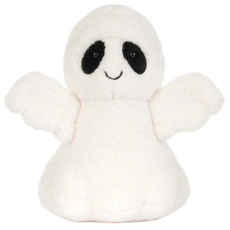 Meet Ghost Bob from Jellycat—a super soft plush toy with a snowy white body, black oval eyes, and a gentle smile. With its wide outstretched arms, Ghost Bob is perfect for snuggles and adding some spooky fun to your day.