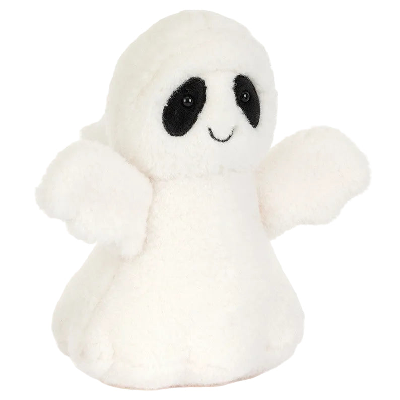 Introducing Ghost Bob from Jellycat—a soft, white plush toy shaped like a little ghost, featuring black oval eyes, a smiling mouth, and two raised arms.