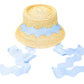 The Youth Harbor Hat by Bits & Bows is a woven straw beach hat with a wide, wavy light blue ribbon band and trailing ribbons, shown on a white background—ideal for stylish sun protection.