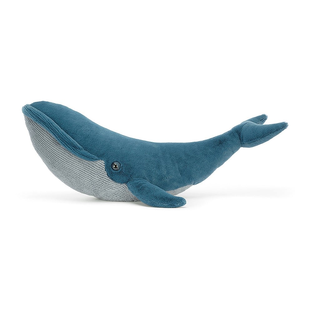 Gilbert the Great Blue Whale, a stuffed animal whale, available for online purchase from Jellycat. The adorable plush is showcased against a clean white background.