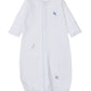 The Kissy Kissy Baby Boys' Jungle Mates Convertible Gown, crafted from soft Peruvian cotton, is a white sleeping bag with blue trim and jungle animal embroidery featuring an elephant, giraffe, and turtle. It includes long sleeves and a gathered bottom hem for easy wear.