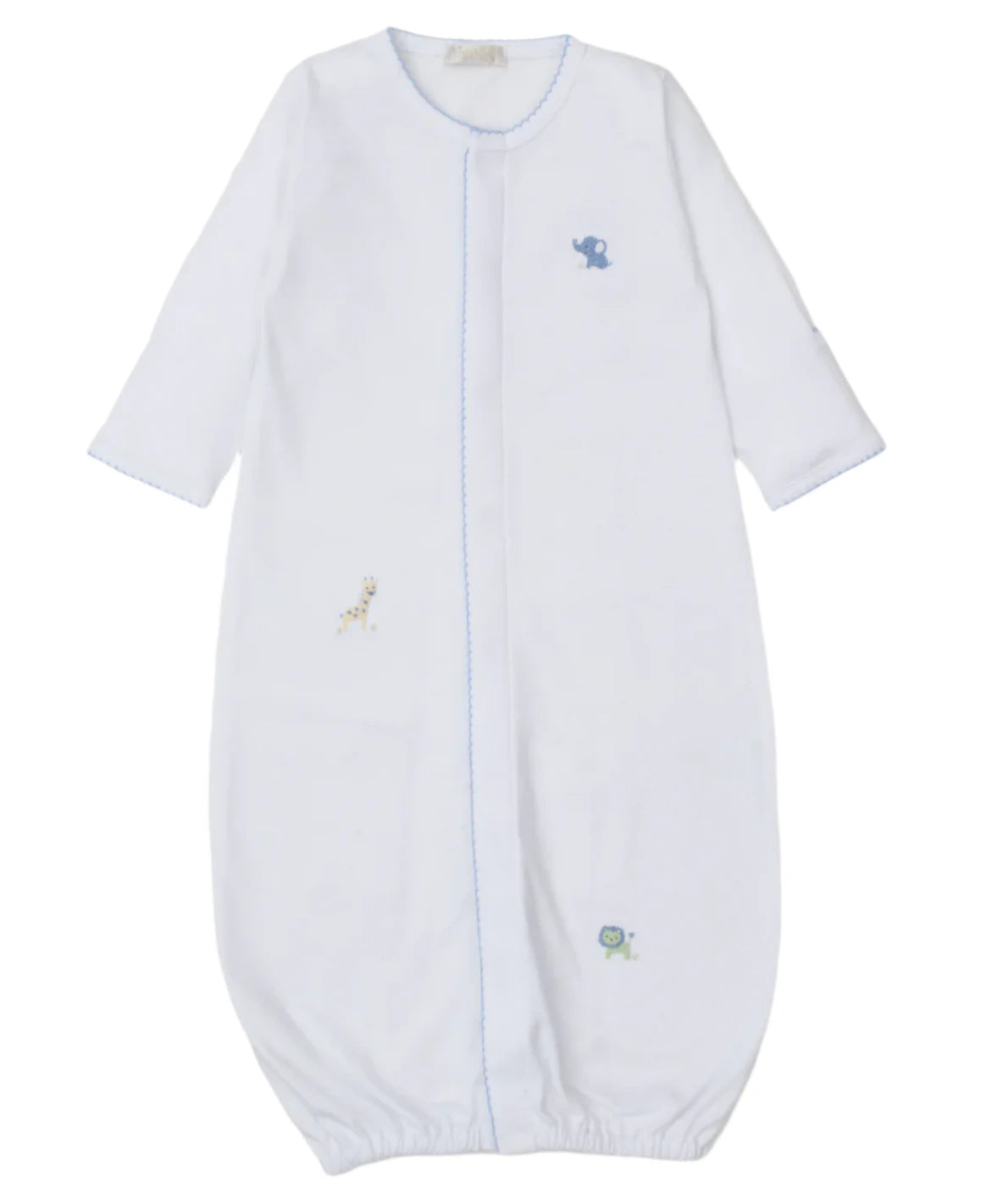 The Kissy Kissy Baby Boys' Jungle Mates Convertible Gown, crafted from soft Peruvian cotton, is a white sleeping bag with blue trim and jungle animal embroidery featuring an elephant, giraffe, and turtle. It includes long sleeves and a gathered bottom hem for easy wear.