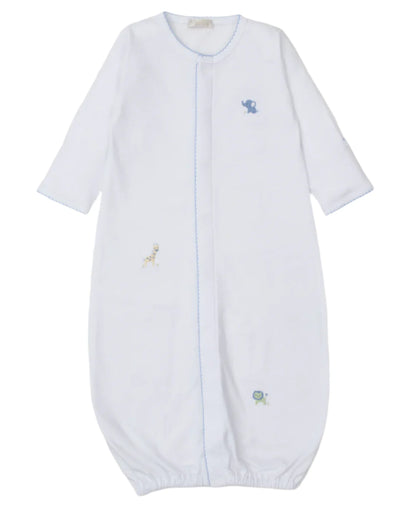 The Kissy Kissy Baby Boys' Jungle Mates Convertible Gown, crafted from soft Peruvian cotton, is a white sleeping bag with blue trim and jungle animal embroidery featuring an elephant, giraffe, and turtle. It includes long sleeves and a gathered bottom hem for easy wear.