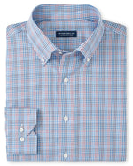 Folded blue, pink, and white plaid Peter Millar Castillo Cotton Sport Shirt for men, showcasing buttons and a collar, lying on a white background. This shirt features a tailored fit and Flex Finish for added comfort.