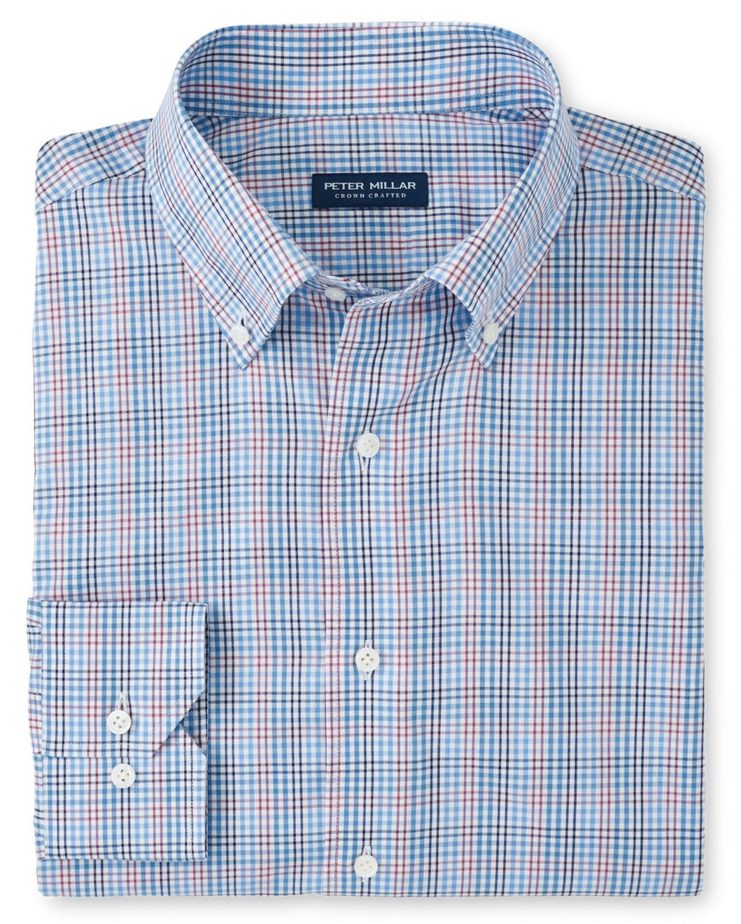 Folded blue, pink, and white plaid Peter Millar Castillo Cotton Sport Shirt for men, showcasing buttons and a collar, lying on a white background. This shirt features a tailored fit and Flex Finish for added comfort.