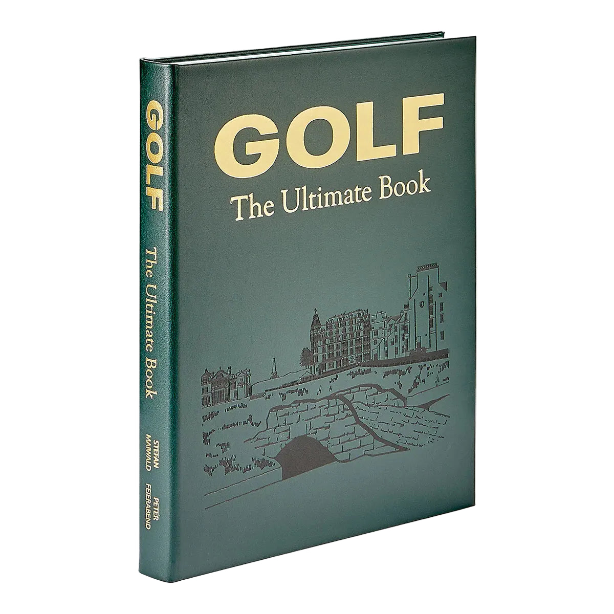 Golf: The Ultimate Book" by Graphic Image is a hardcover featuring gold lettering and a golf course illustration—an ideal gift for golf enthusiasts and fans of iconic courses.