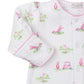 The Kissy Kissy Fairway Foursome Convertible Gown is a white onesie with pink trim, crafted from soft Pima cotton. It features a playful golf-themed pattern with snap buttons down the front, perfect for little golfers in training!.