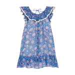 The Girls' Natiya Dress by Louise Misha is a charming blue cotton voile piece, featuring ruffled cap sleeves and hem with pink and white floral patterns. It includes a playful neckline tie and is fully lined for comfort.