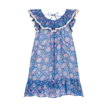 The Girls' Natiya Dress by Louise Misha is a charming blue cotton voile piece, featuring ruffled cap sleeves and hem with pink and white floral patterns. It includes a playful neckline tie and is fully lined for comfort.