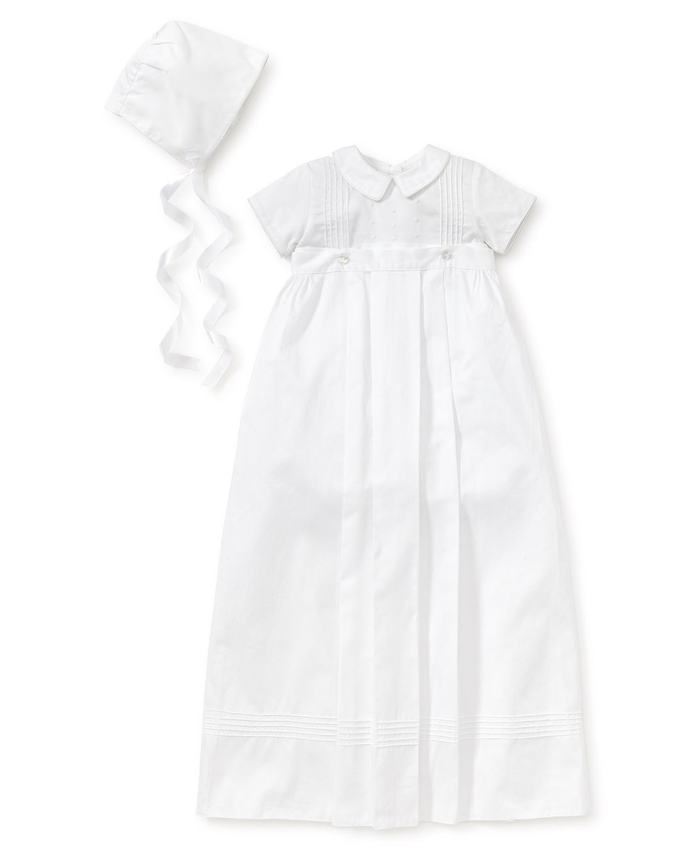 A white christening gown and bonnet made from Kissy Kissy Graham Christening Convertible Gown & Hat Set.