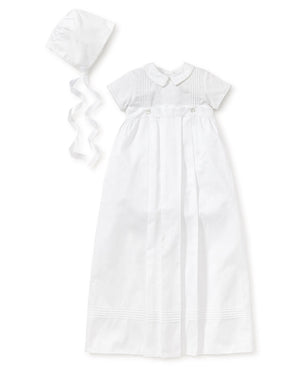 A white christening gown and bonnet made from Kissy Kissy Graham Christening Convertible Gown & Hat Set.