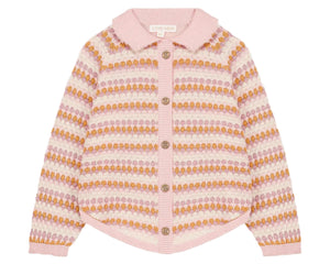 The Louise Misha Girls' Khellani Cape is a pink knitted cardigan featuring a Peter Pan collar, button-down front, and horizontal stripes in pink, yellow, and lavender.