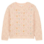 The Girls' Jadeli Jumper by Louise Misha is a light pink knit sweater featuring a lace pattern and delicate handmade embroidery of small pastel florals.