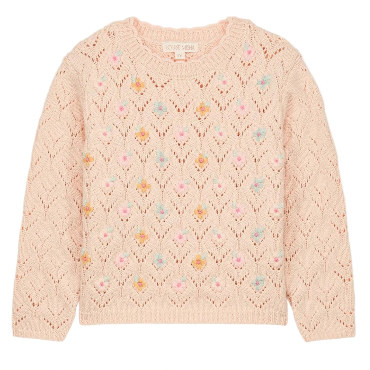 The Girls' Jadeli Jumper by Louise Misha is a light pink knit sweater featuring a lace pattern and delicate handmade embroidery of small pastel florals.