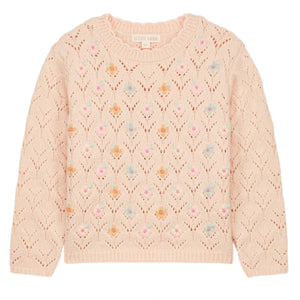 The Girls' Jadeli Jumper by Louise Misha is a light pink knit sweater featuring a lace pattern and delicate handmade embroidery of small pastel florals.