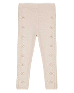 Louise Misha Baby Girls' and Girls' Molda Leggings, beige with a cable knit textured pattern, elastic waist, and small floral details along the front, shown flat on a white background.