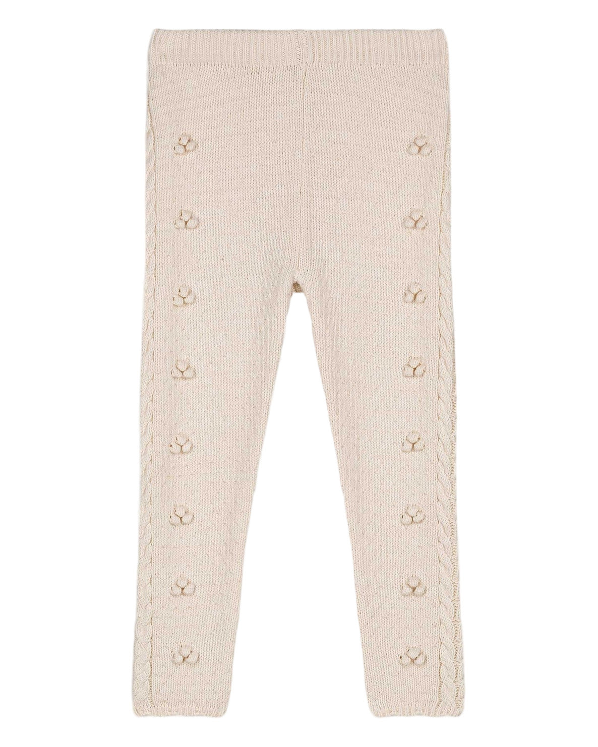 Louise Misha Baby Girls' and Girls' Molda Leggings, beige with a cable knit textured pattern, elastic waist, and small floral details along the front, shown flat on a white background.