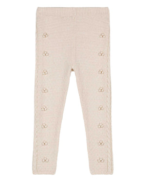 Louise Misha Baby Girls' and Girls' Molda Leggings, beige with a cable knit textured pattern, elastic waist, and small floral details along the front, shown flat on a white background.