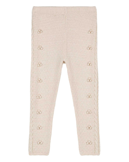 Louise Misha Baby Girls' and Girls' Molda Leggings, beige with a cable knit textured pattern, elastic waist, and small floral details along the front, shown flat on a white background.