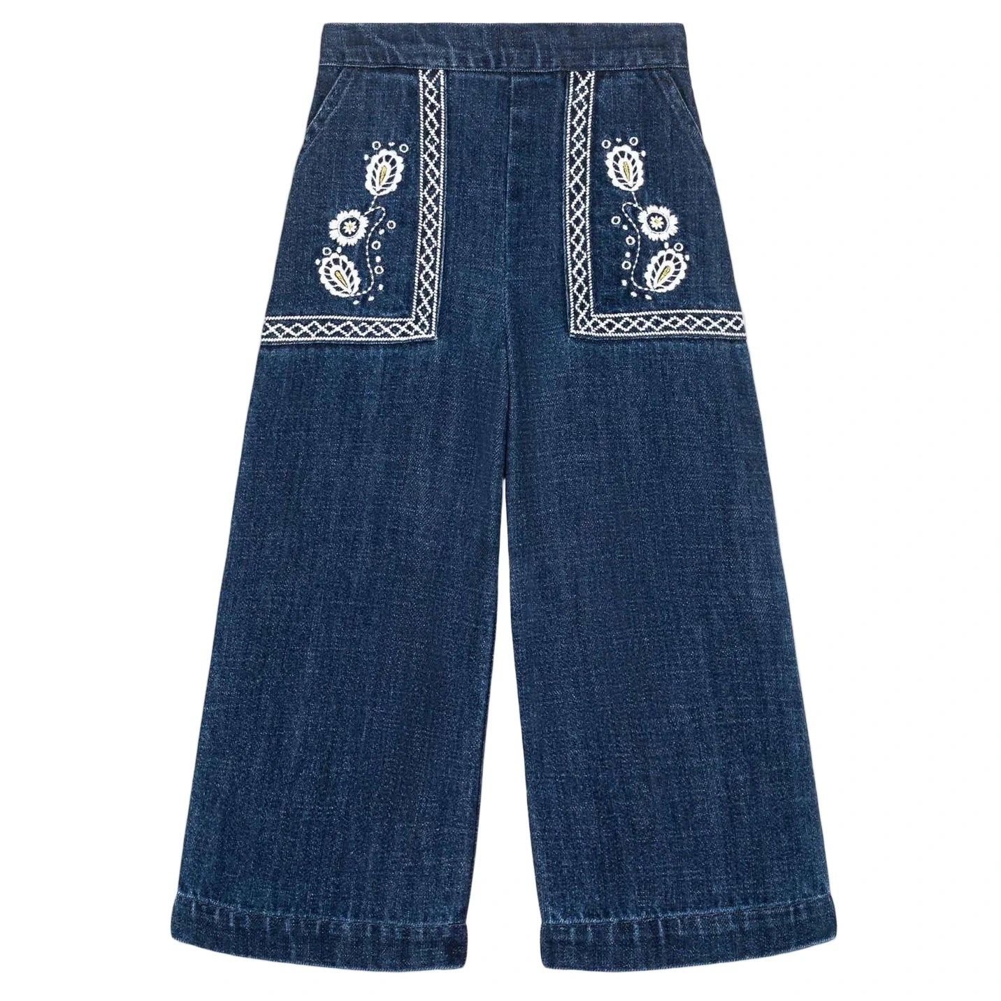The Girls' Flofi Pants by Louise Misha are wide-leg blue denim pants with white floral embroidery, decorative front pocket stitching, and an elastic waist for comfort.