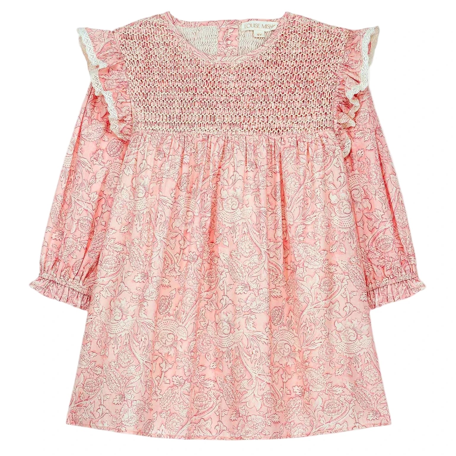 The Girls' Saralou Dress by Louise Misha is a pink cotton gauze long-sleeve dress with a white floral print, smocked chest, ruffled shoulders, and elastic cuffs.