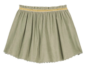 The Girls' Cephee Skirt by Louise Misha is a light green, knee-length corduroy skirt featuring an elasticized waistband and a slim gold decorative trim near the top.