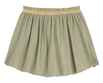 The Girls' Cephee Skirt by Louise Misha is a light green, knee-length corduroy skirt featuring an elasticized waistband and a slim gold decorative trim near the top.