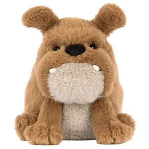 Derreck Dog by Jellycat is a brown plush bulldog with a beige snout, white tusks, and floppy ears, sitting upright—your cuddly postie ready for delivery adventures.