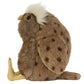 Jellycat Tawoola Owl: a soft brown plush with spotted wings, yellow beak and feet, tufted white hair—perfect gift, shown sitting upright in side profile.