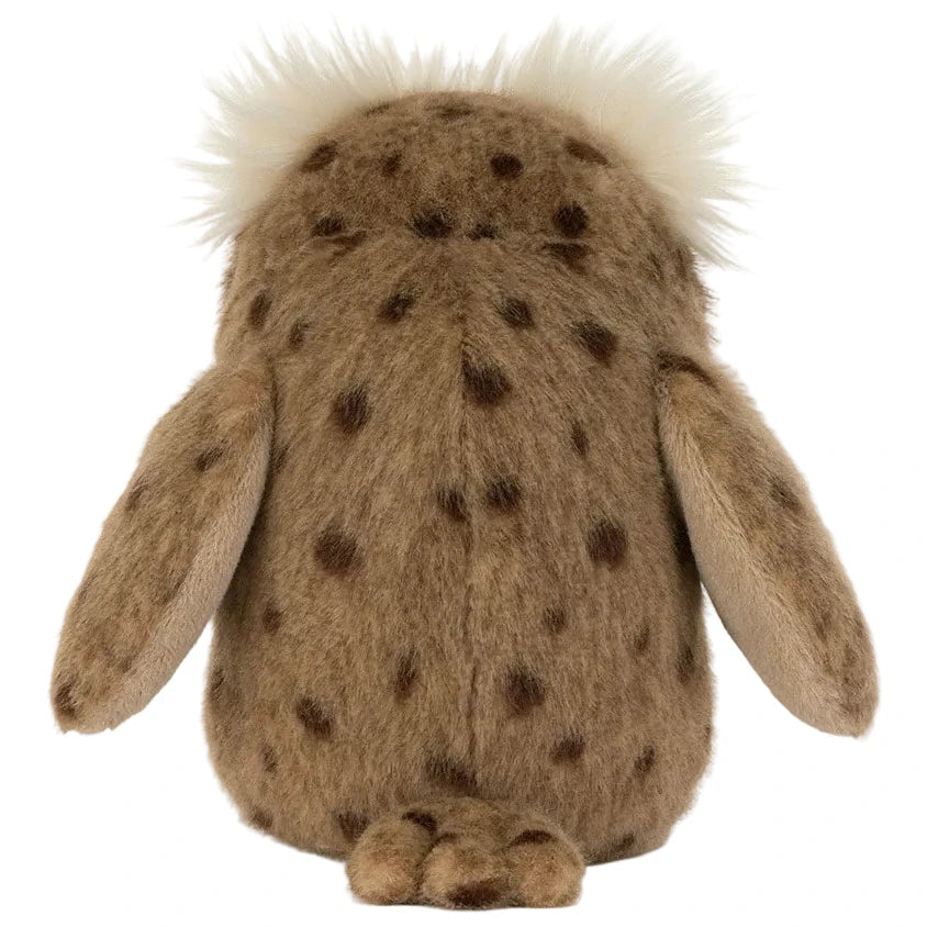 The Jellycat Tawoola Owl is a plush toy with brown fur, dark spots, short arms, small feet, and white-topped head—perfect for gifting.