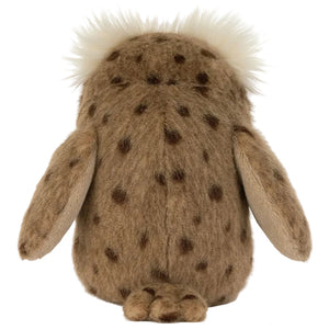 The Jellycat Tawoola Owl is a plush toy with brown fur, dark spots, short arms, small feet, and white-topped head—perfect for gifting.