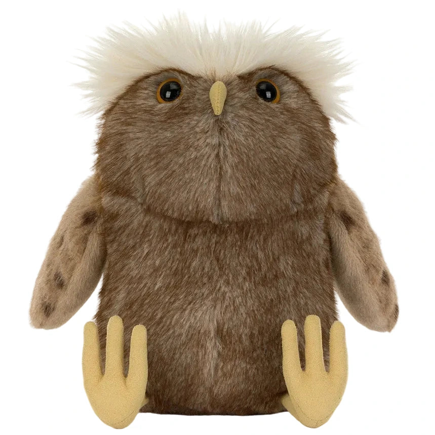 The Tawoola Owl by Jellycat has soft brown fur, beige wings and feet, round black eyes, and white tufts—ideal for gifts or any Jellycat collection.