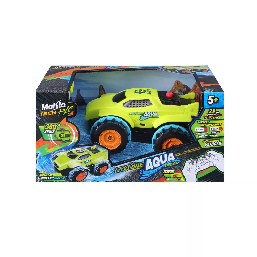 The Maisto R/C Cyklone Aqua Tread is an exciting green and orange amphibious vehicle, packaged in a blue box. Designed for ages 5 and up, it delivers thrilling remote control action on both land and water.