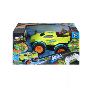 The Maisto R/C Cyklone Aqua Tread is an exciting green and orange amphibious vehicle, packaged in a blue box. Designed for ages 5 and up, it delivers thrilling remote control action on both land and water.