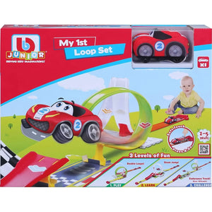 Box of the Maisto My 1st Soft Touch Loop Set toddler racing playset featuring a red cartoon car, a track with loops and jumps, and a smiling child. Text indicates it is for ages 2-5 and highlights three levels of play. Includes a battery powered car for exciting action and endless fun.