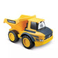Yellow and black Maisto My First RC Volvo Dump Truck with cartoon eyes on the windshield, displayed on a white background; this playful remote-controlled truck is ideal for young drivers and can be combined with a light-up traffic wand for imaginative play.