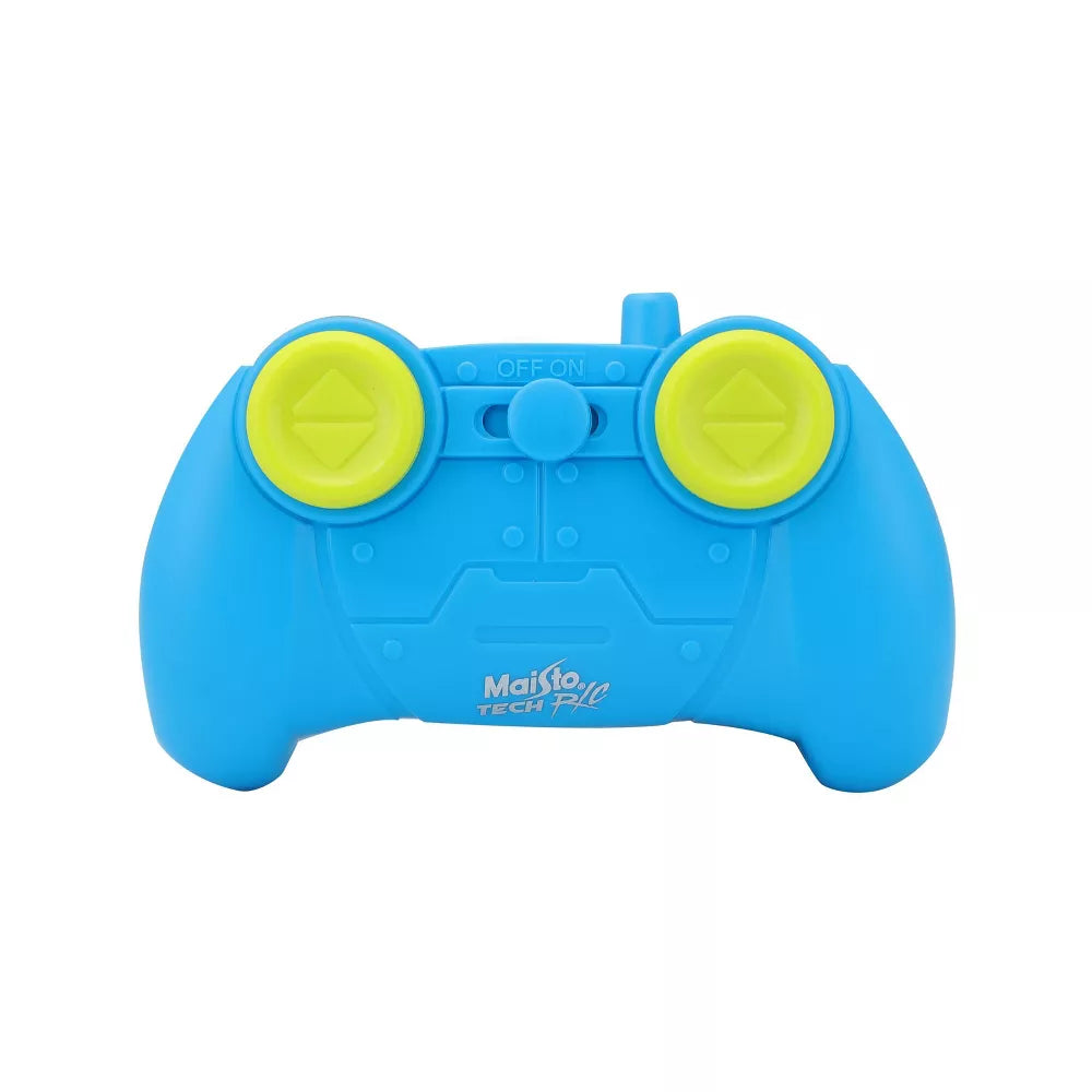 A blue and green plastic remote control featuring an on/off switch and two round directional pads, labeled “Maisto,” designed for the Maisto R/C Cyklone Aqua Tread amphibious vehicle.