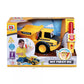 Boxed Maisto My First RC Volvo Dump Truck in yellow, labeled “VOLVO,” includes a remote controller; packaging highlights features and shows a child playing with the R/C truck from the My First RC series.